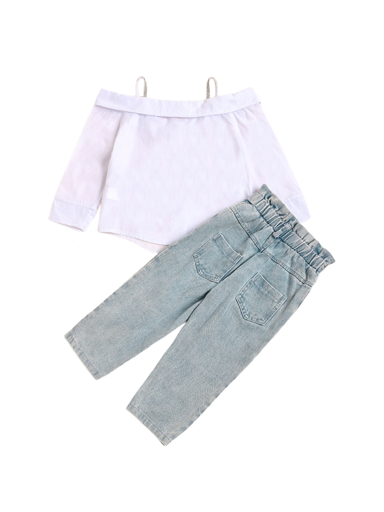 Kids Girls 2-piece Outfit Set Off Shoulder Top and Ripped Jeans Set