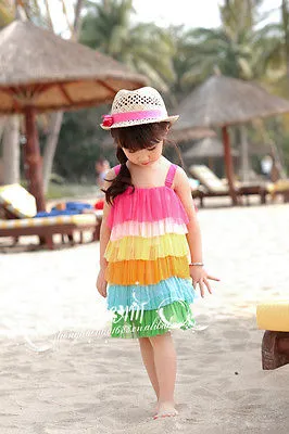 Little Girls Summer Dress, Sling Rainbow Color Mesh Princess Dress