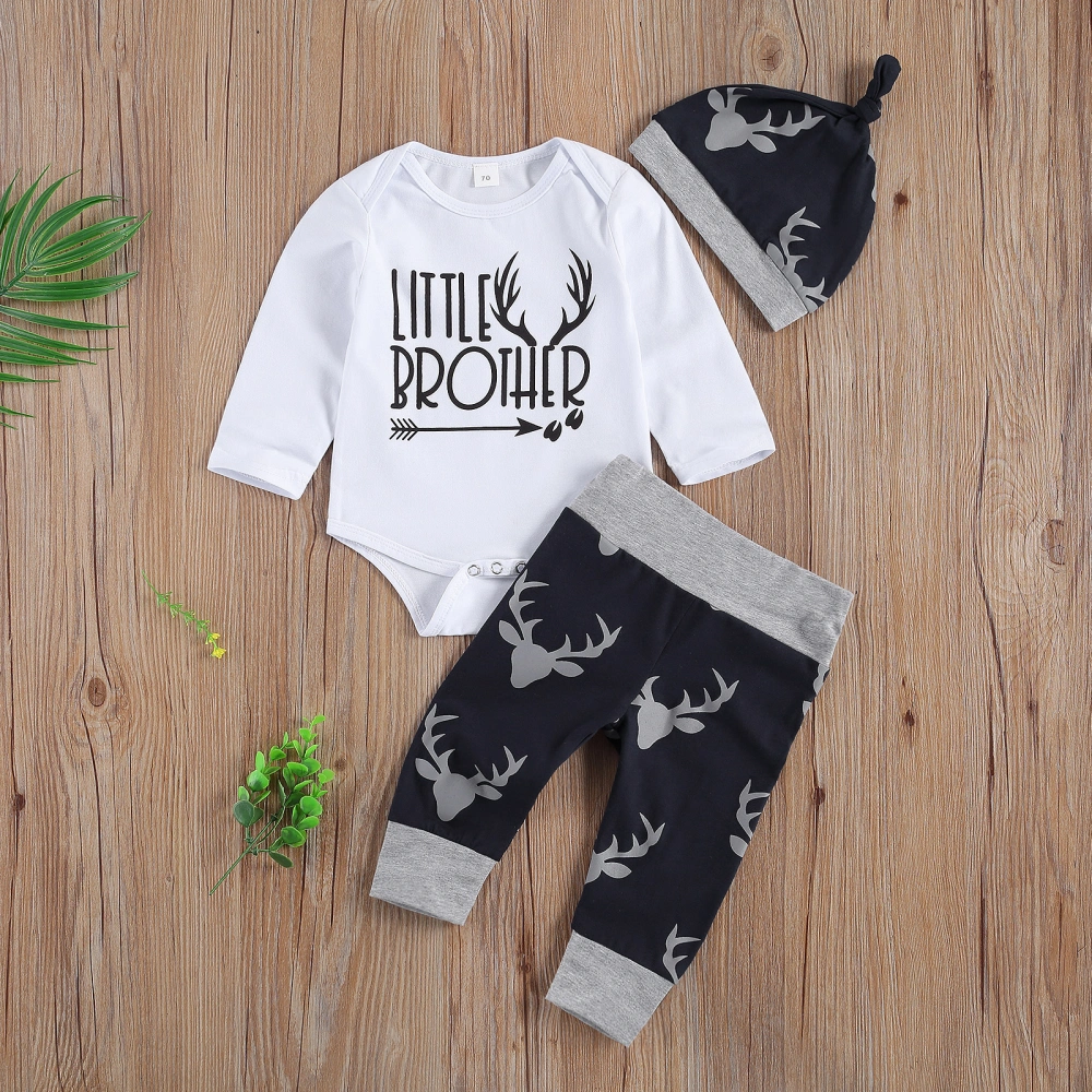 Toddler Unisex Outfits, Letter Print Long-Sleeves Romper + Cartoon Pants + Hat