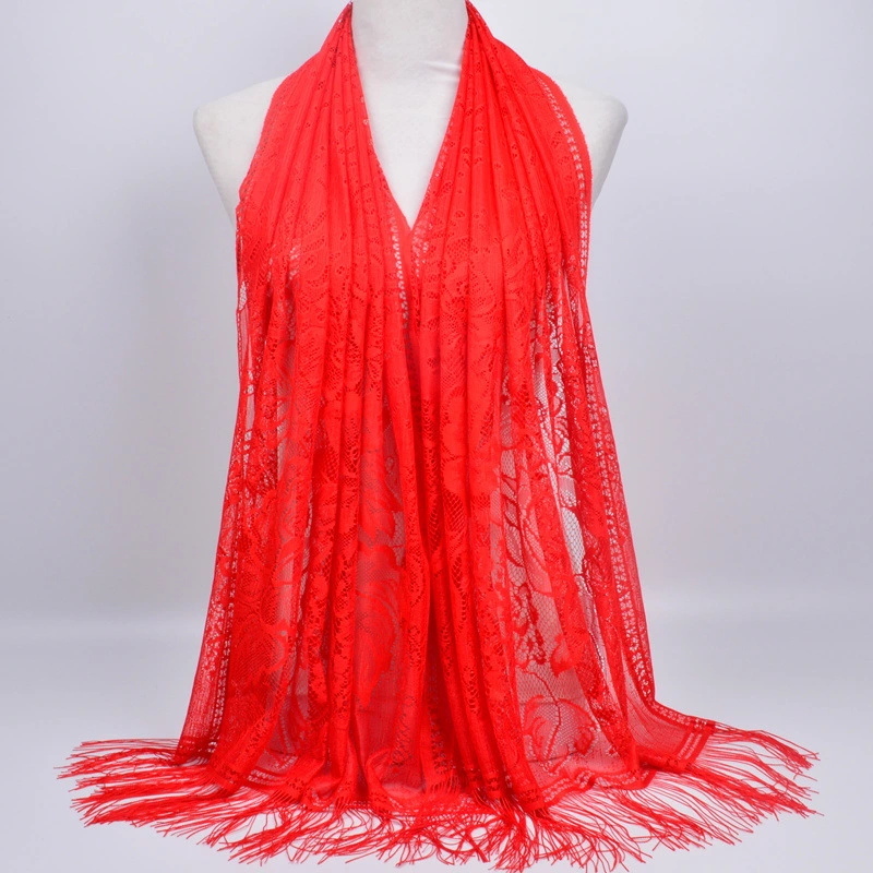 Women Floral Lace Scarf, Large Mesh Shawl Head Covering with Fringe