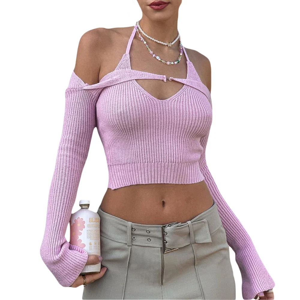 Women Knitted Vest Set, Lacing Halterneck Backless Vest with Crop Top