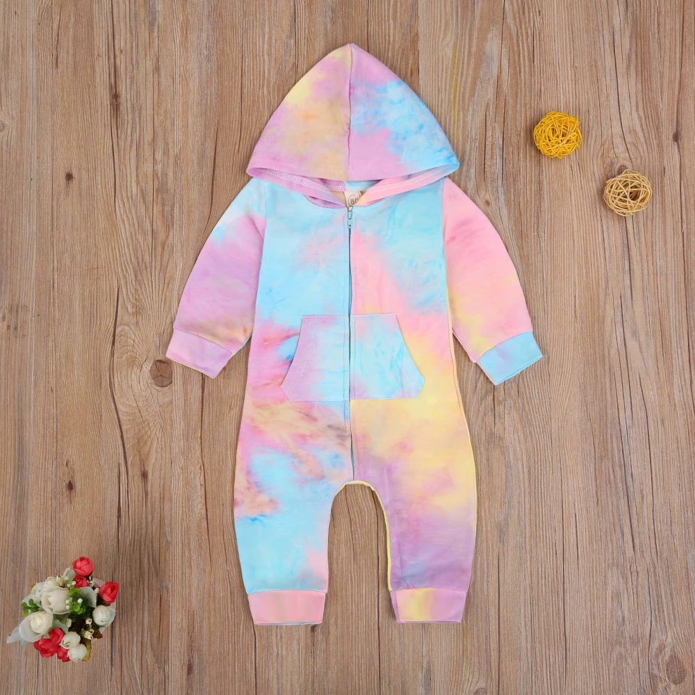 Baby Hooded Rompers Long Sleeve Tie Dye Print Zip Up One Piece Jumpsuit Pants