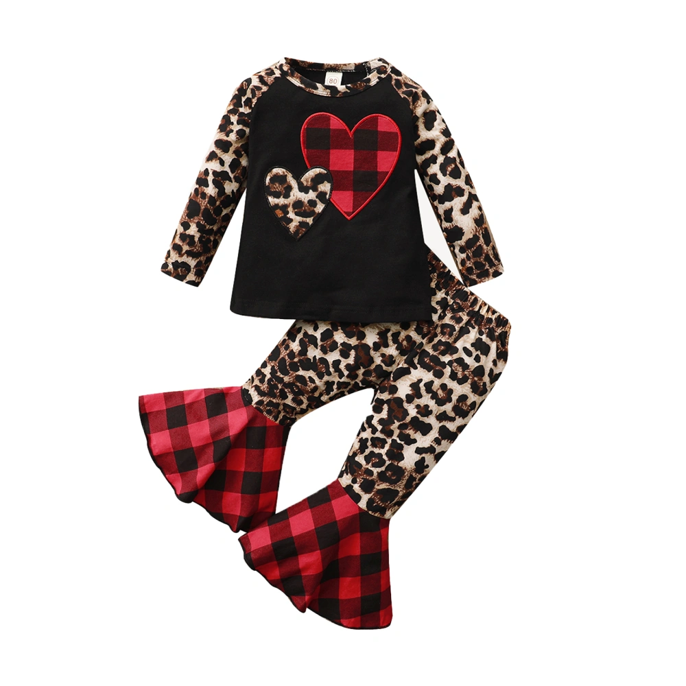 Girls Clothes Set, Plaid and Leopard Print Round Collar Top and Flared Pants