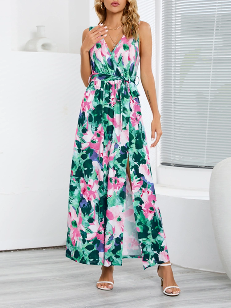 Women's Long Tank Dress, Flower V-Neck Bohemian Slit Dress with Belt