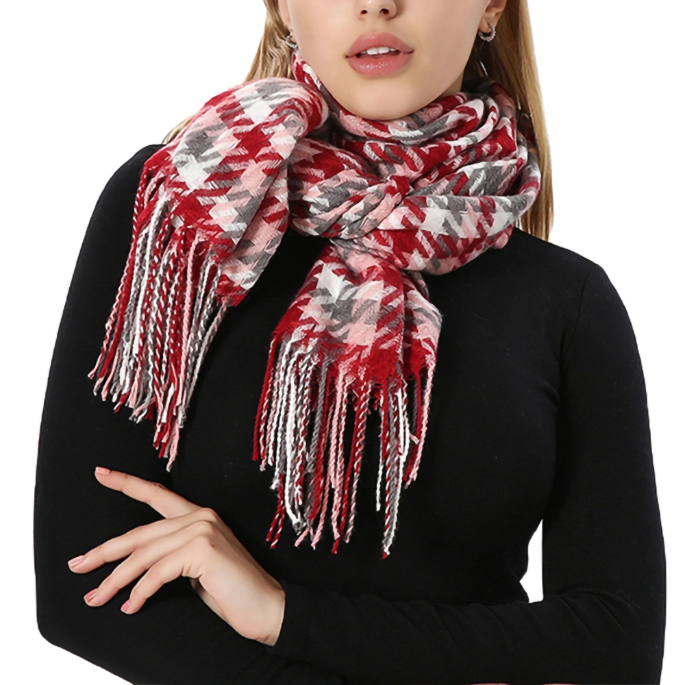 Female Scarves, Stripe Plaid Rectangular Neckerchief Tassel Scarf 