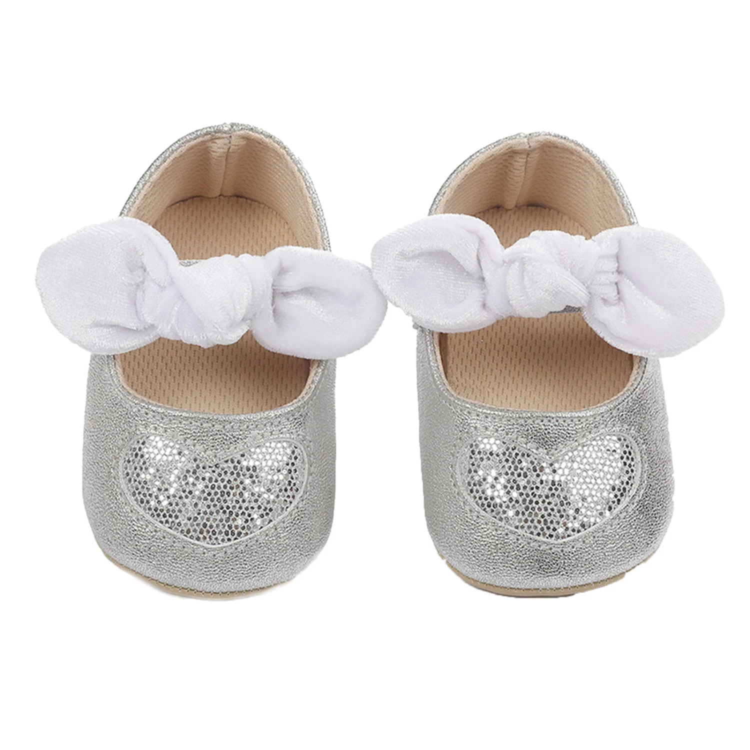 Baby Girl Bow Crib Shoes Anti-Slip Soft Sole Glitter Heart Print Mary Jane Flats
