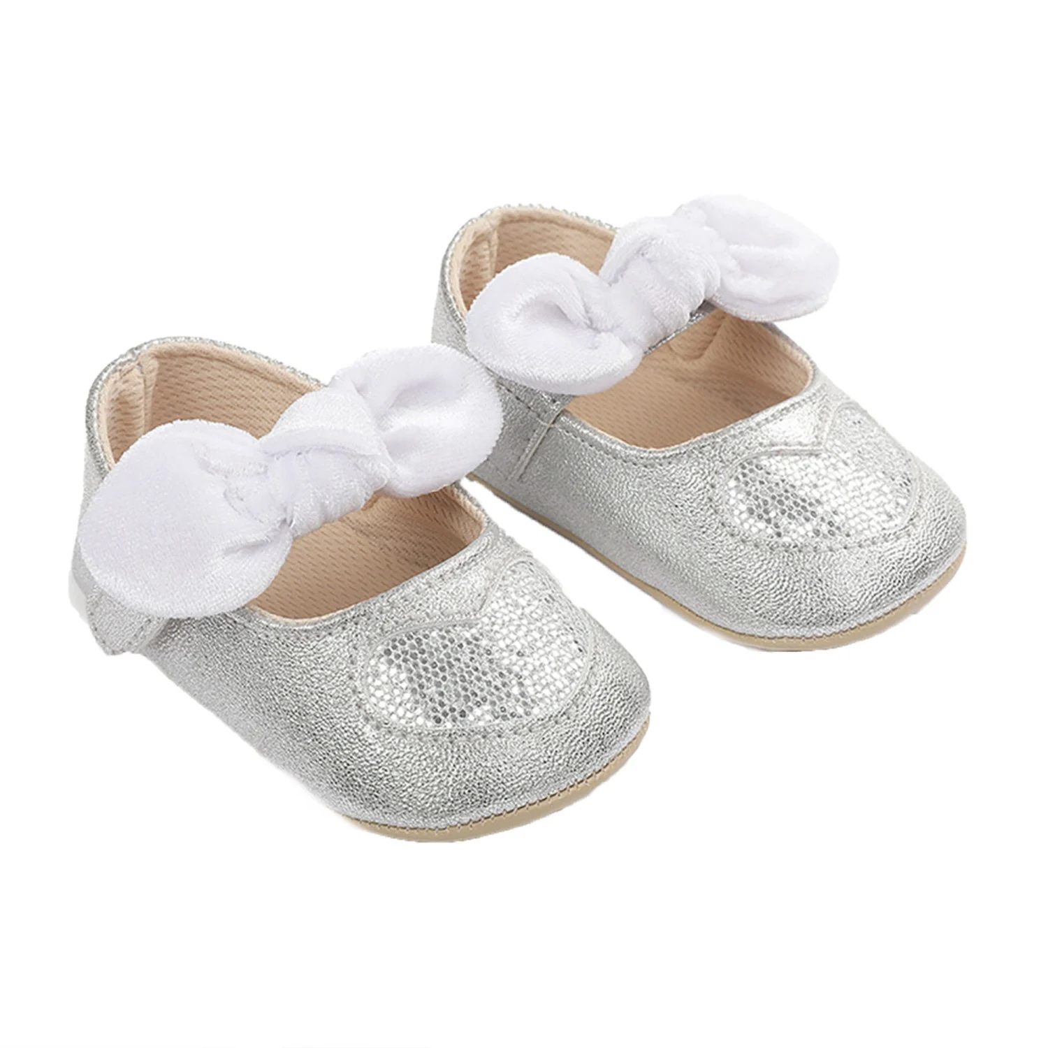 Baby Girl Bow Crib Shoes Anti-Slip Soft Sole Glitter Heart Print Mary Jane Flats