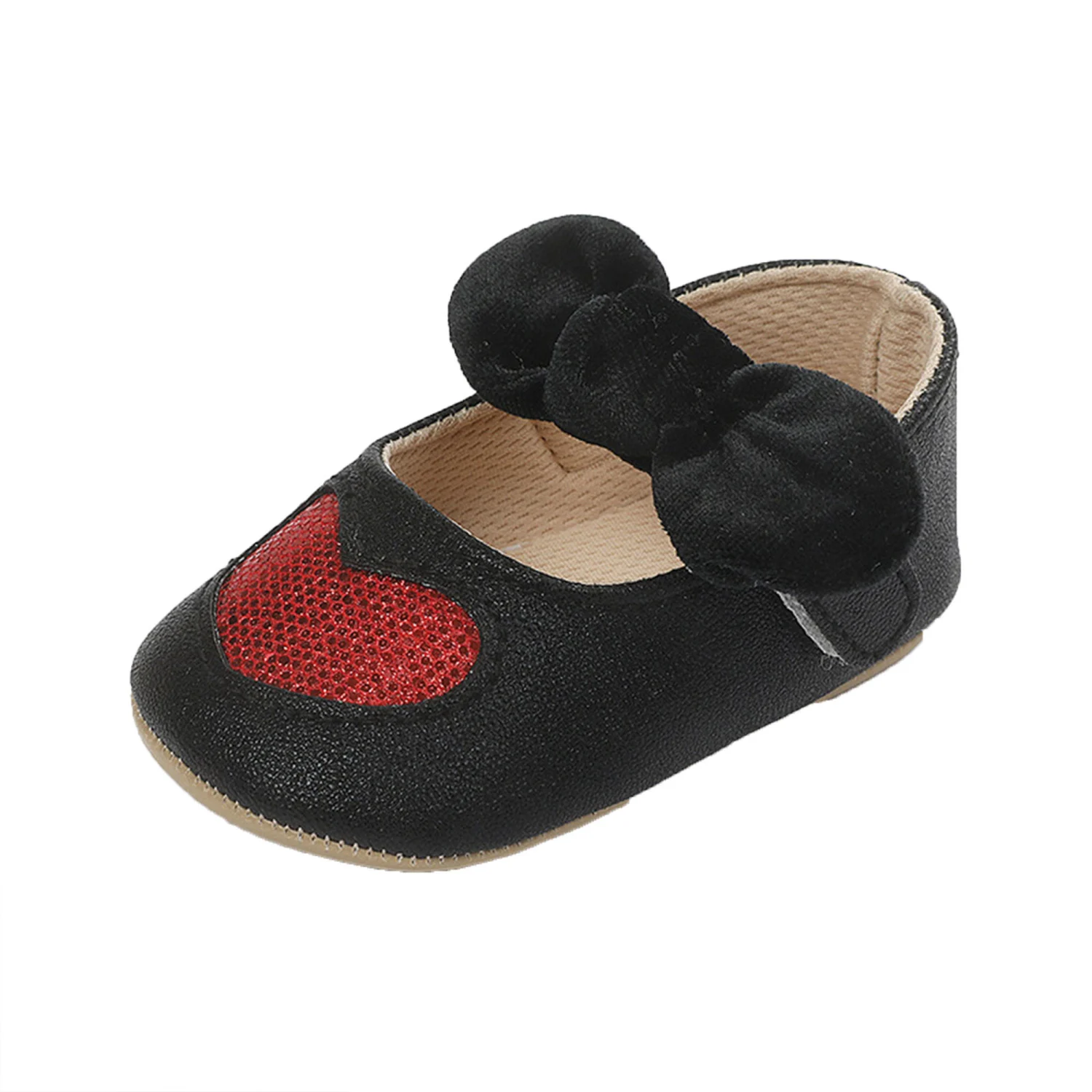 Baby Girl Bow Crib Shoes Anti-Slip Soft Sole Glitter Heart Print Mary Jane Flats