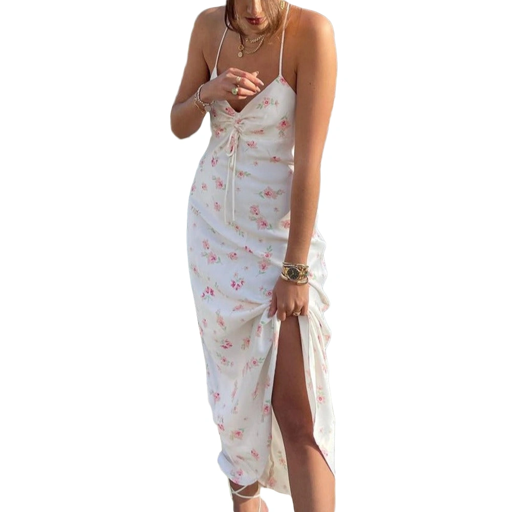 Women Slip Dress Sleeveless Low-cut Backless Floral Slit Long Dress