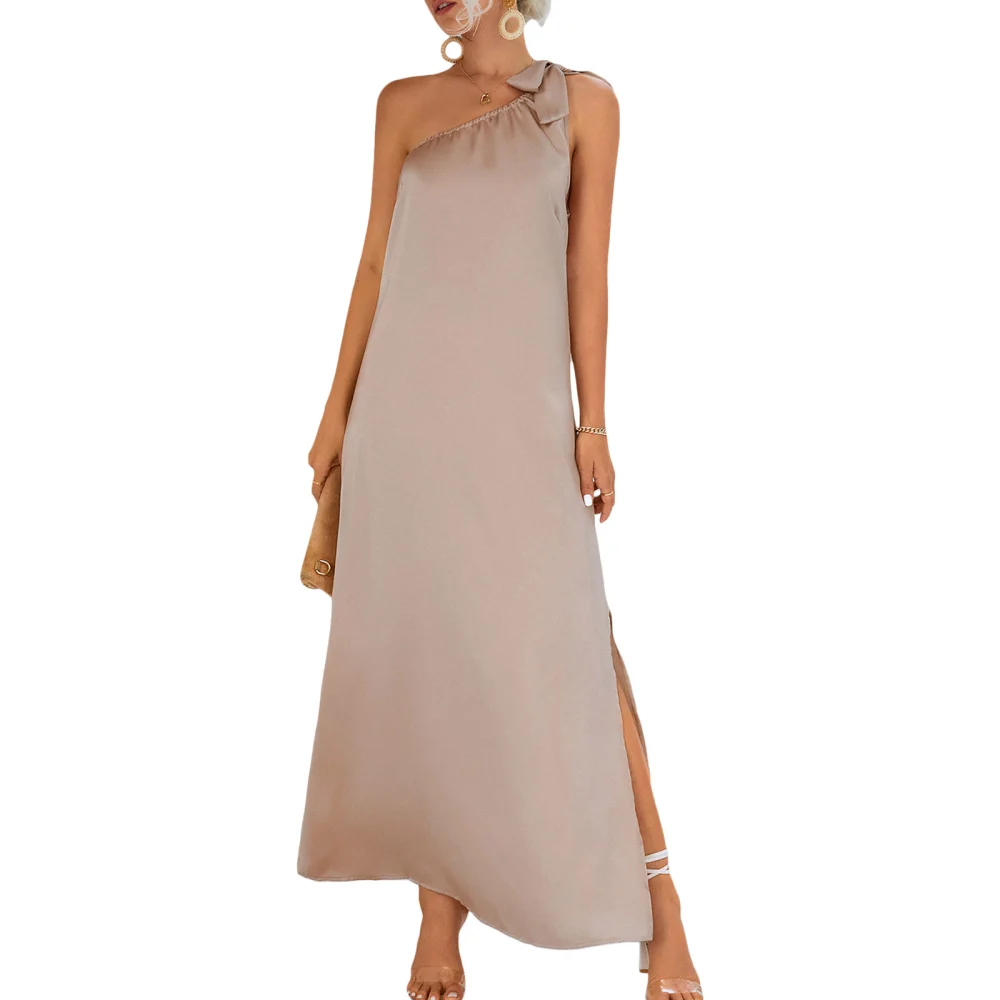 Women Long Dress, Sleeveless One-shoulder Lacing Loose Slit Dress