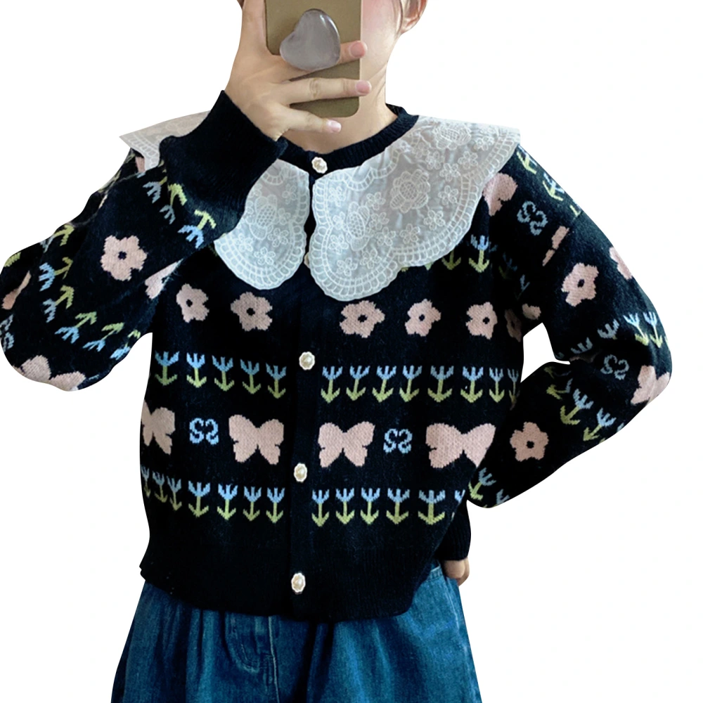 Women Sweater Cardigan Flowers Pattern Lace Doll Collar Knitted Coat