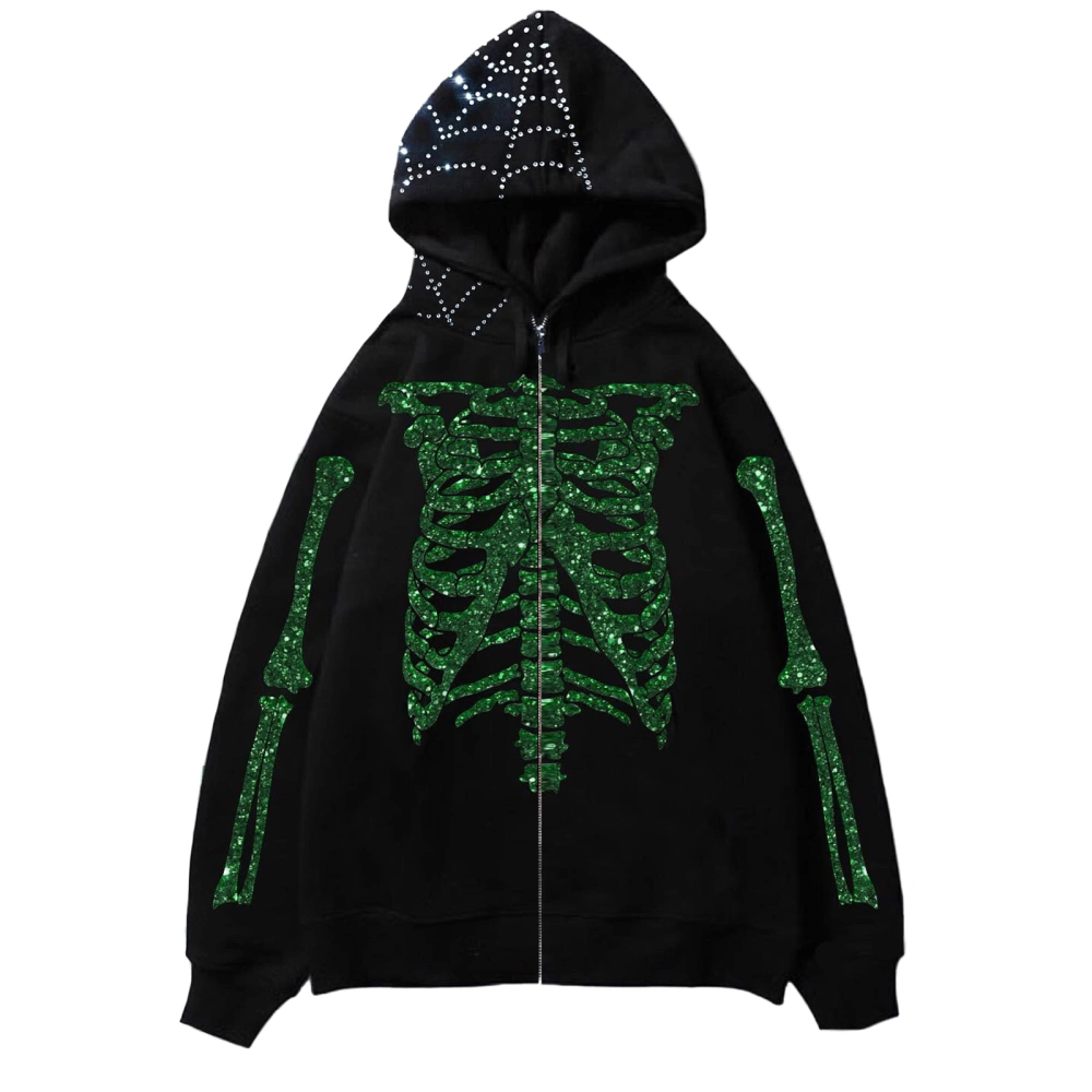 Women Hooded Jacket with Skull Print, Pockets Loose Clothing