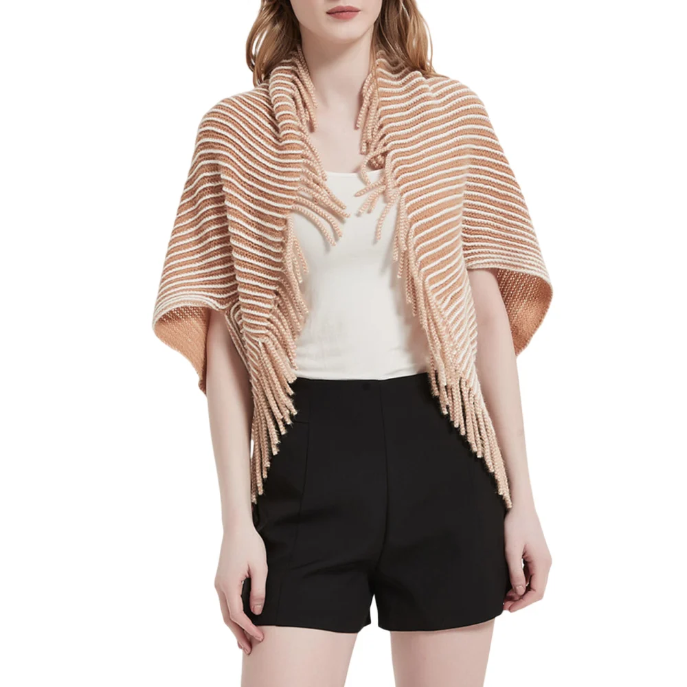 Women's Elegant Tassel Shawl, Stripe Print Warm Wrap Open Front Cape