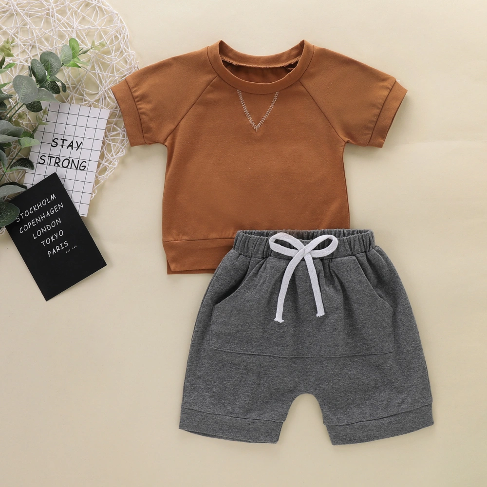 Casual Short Sleeve Round Neck T-shirt + Shorts with Pocket Drawstring