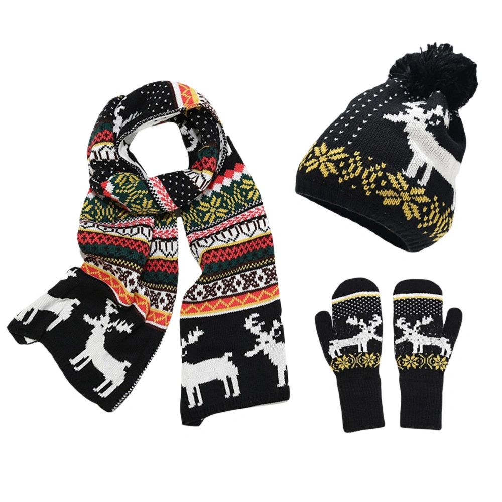 Women Christmas Fleece Lined Knit Skull Cap + Gloves + Long Scarf Set