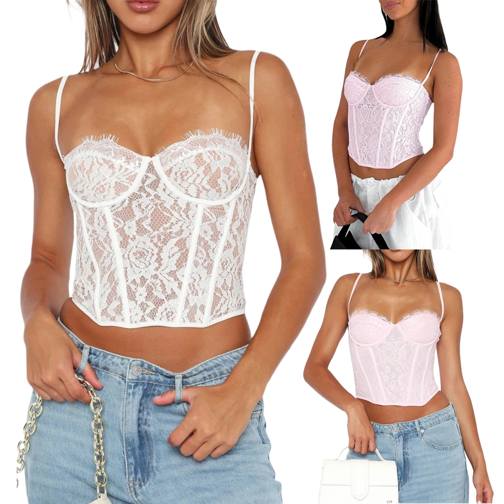 Women Crop Vest Sleeveless Lace See Through Summer Short Tops 