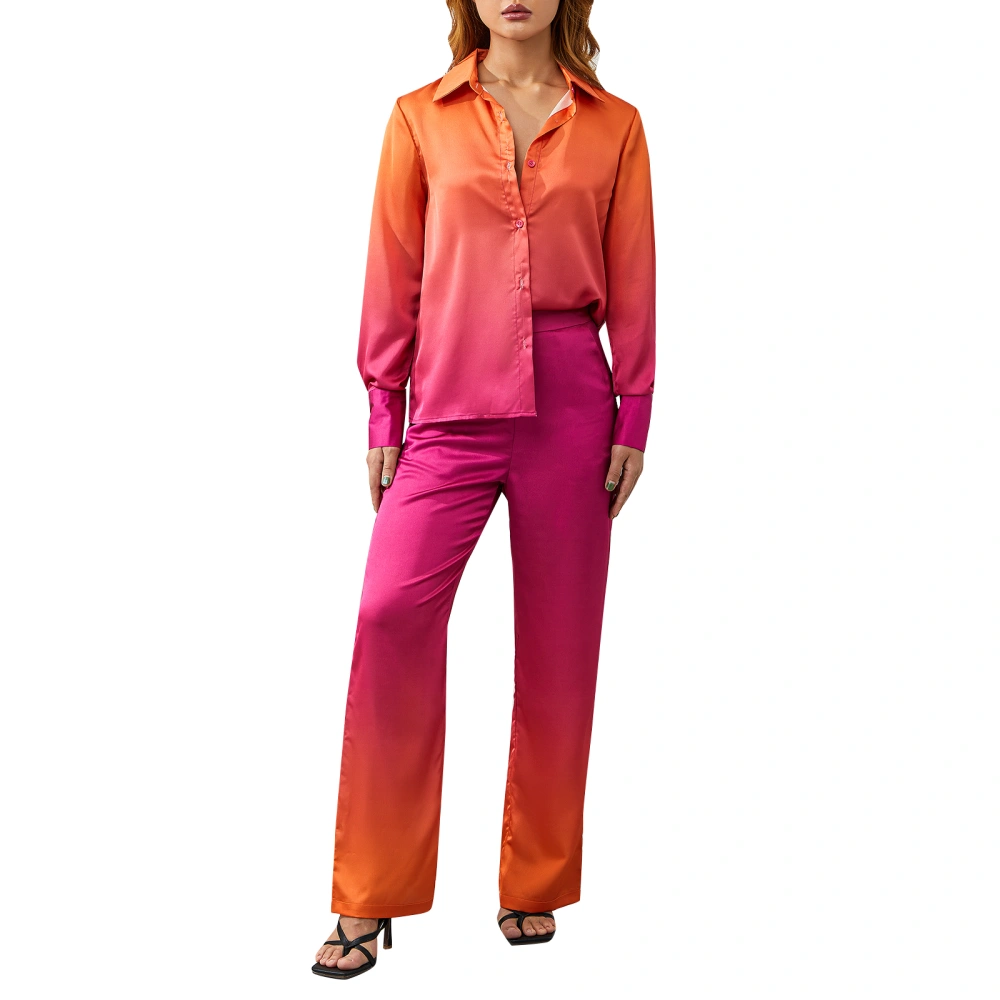 Women Long Sleeve Shirt + Pants, Gradient Color Lapel Clothing