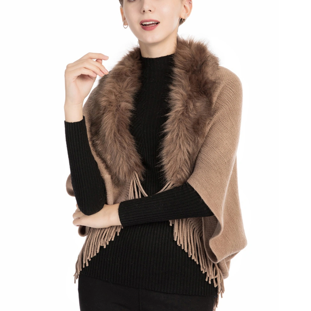 Women's Faux Fur Patchwork Shawl, Solid Tassel Open Front Cardigan