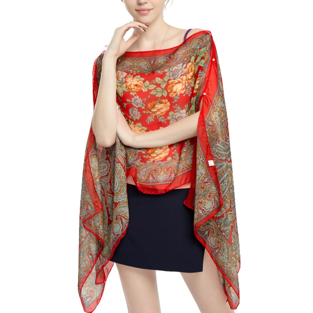 Women Chiffon Long Scarf Retro Floral Print Beach Sunscreen Wrap Shawl