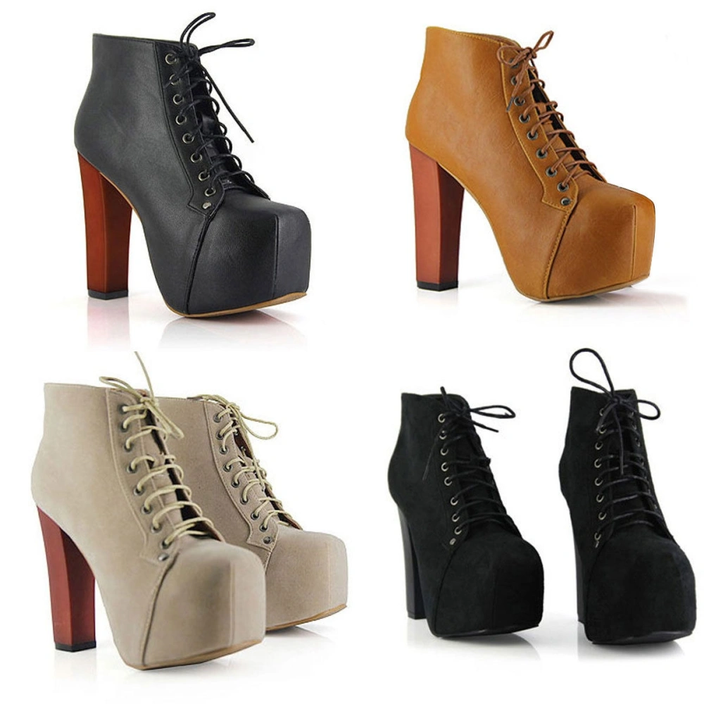 Women's High Heels, PU Leather/Velvet Platforms Lace-Up Boots