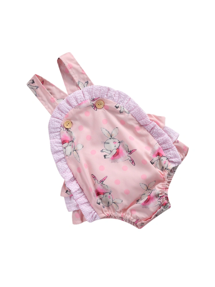 Baby's Romper, Toddler's Rabbit Print Pleats Garment Ruffle Romper Pink