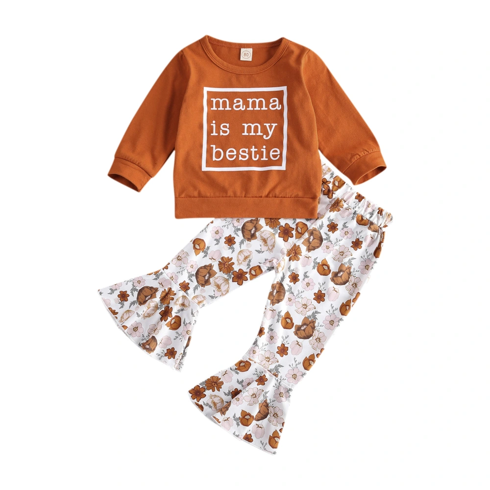 Girl’s Letter Print Long Sleeve T-shirt and Floral Trumpet Pants