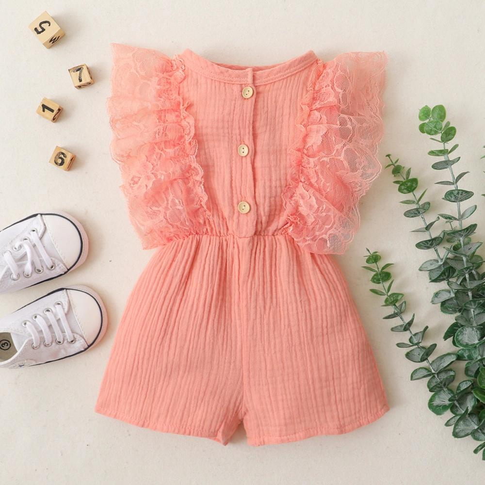 Baby's Solid Color Lace Bodysuit, Buttoned Round Neck Lace Shoulder Short Pants