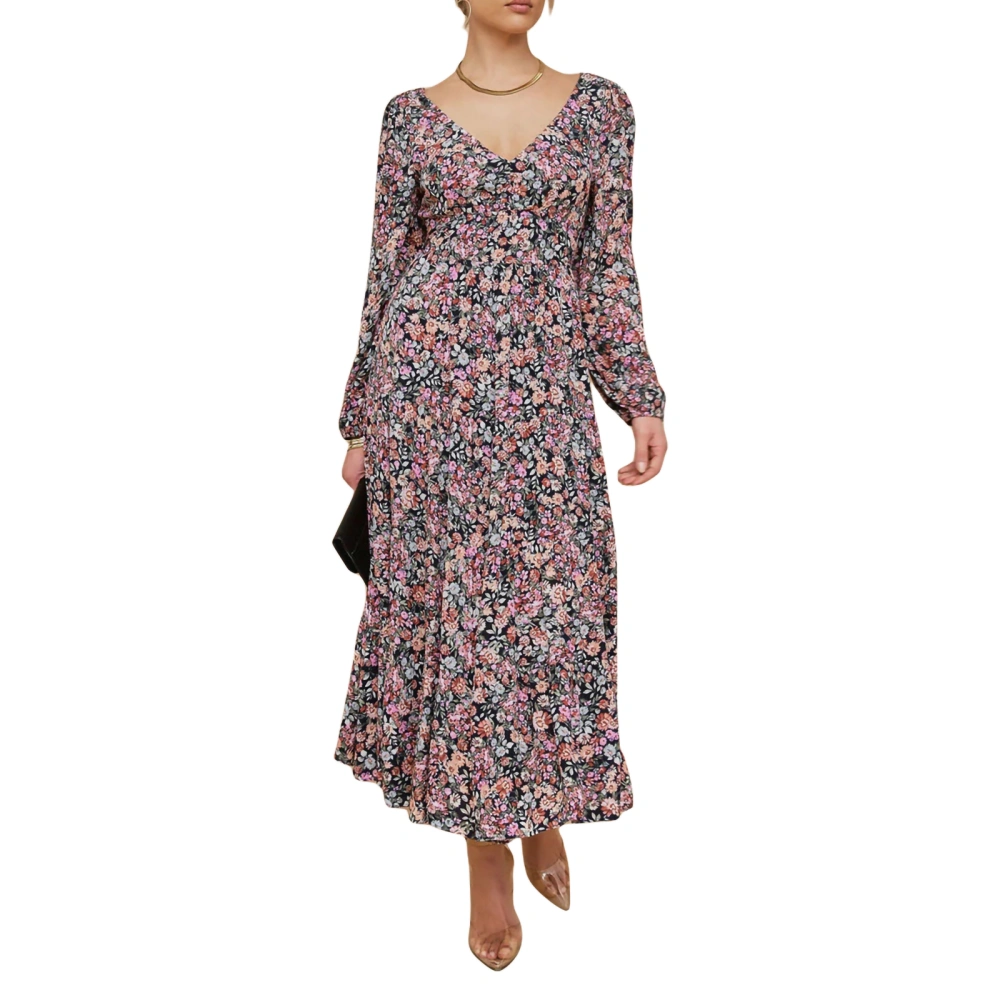 Women's Spring Autumn Long Sleeve V Neck Backless Floral Dress