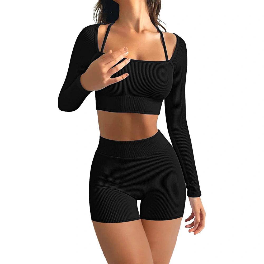 Women's Long Sleeve Crop Tops + Solid Color High Waist Shorts