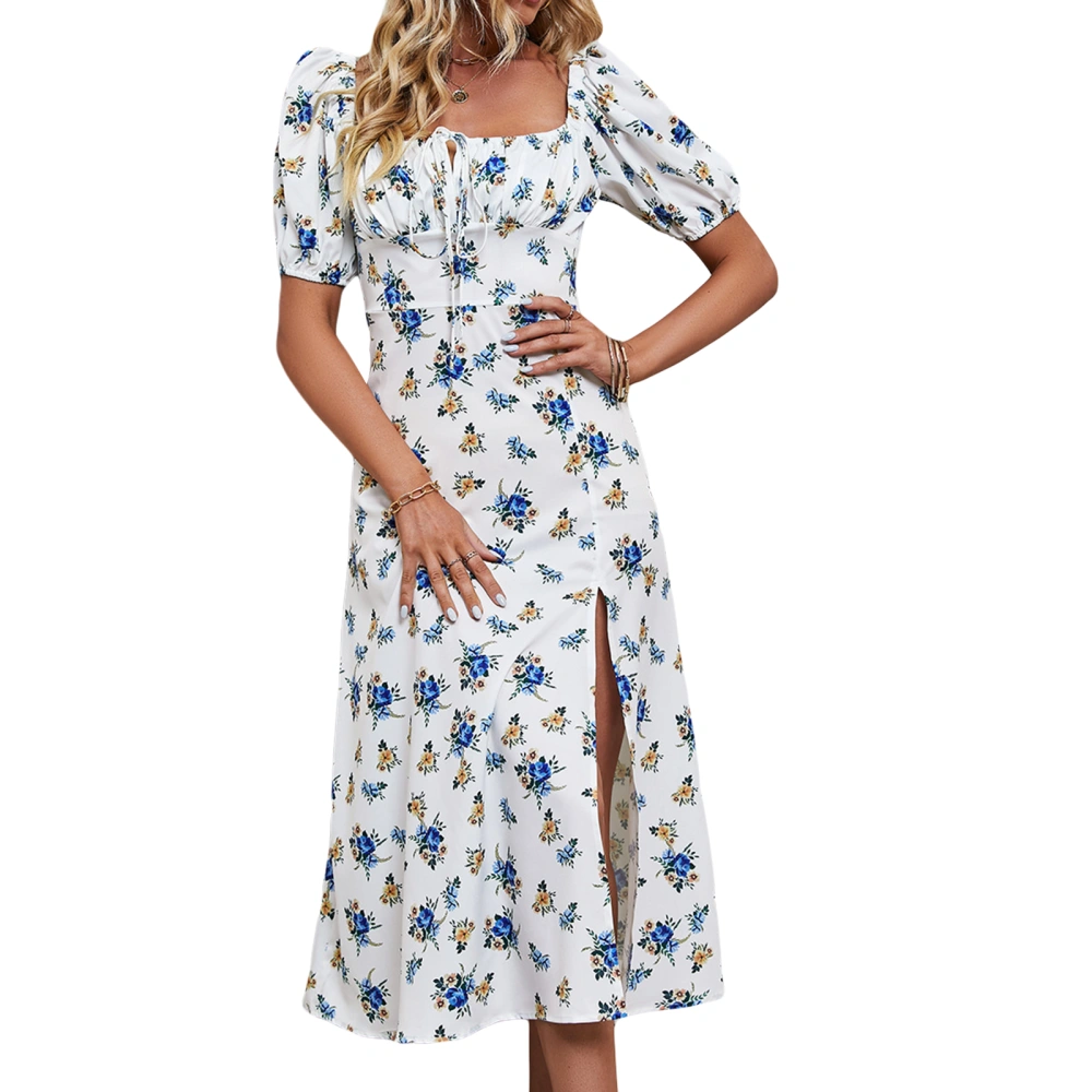 Women Short Sleeve Floral Dress Bandage Cutout Slit Party A-line Dress