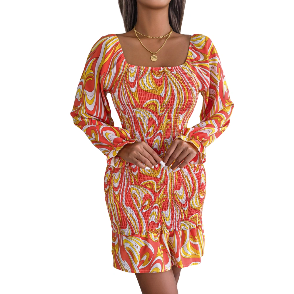 Women's Long Sleeve Pleated Dress, Printed Square Neck Bodycon Dress