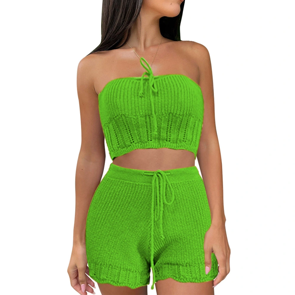 Women Knit Shorts Set, Tie-up Tube Top with Elastic Waist Shorts