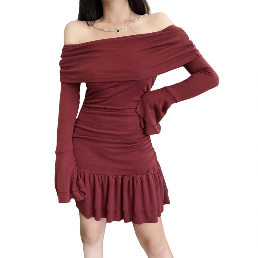 Women's Off Shoulder Bodycon Dress, Long Bell Sleeve Ruffle Hem Dress