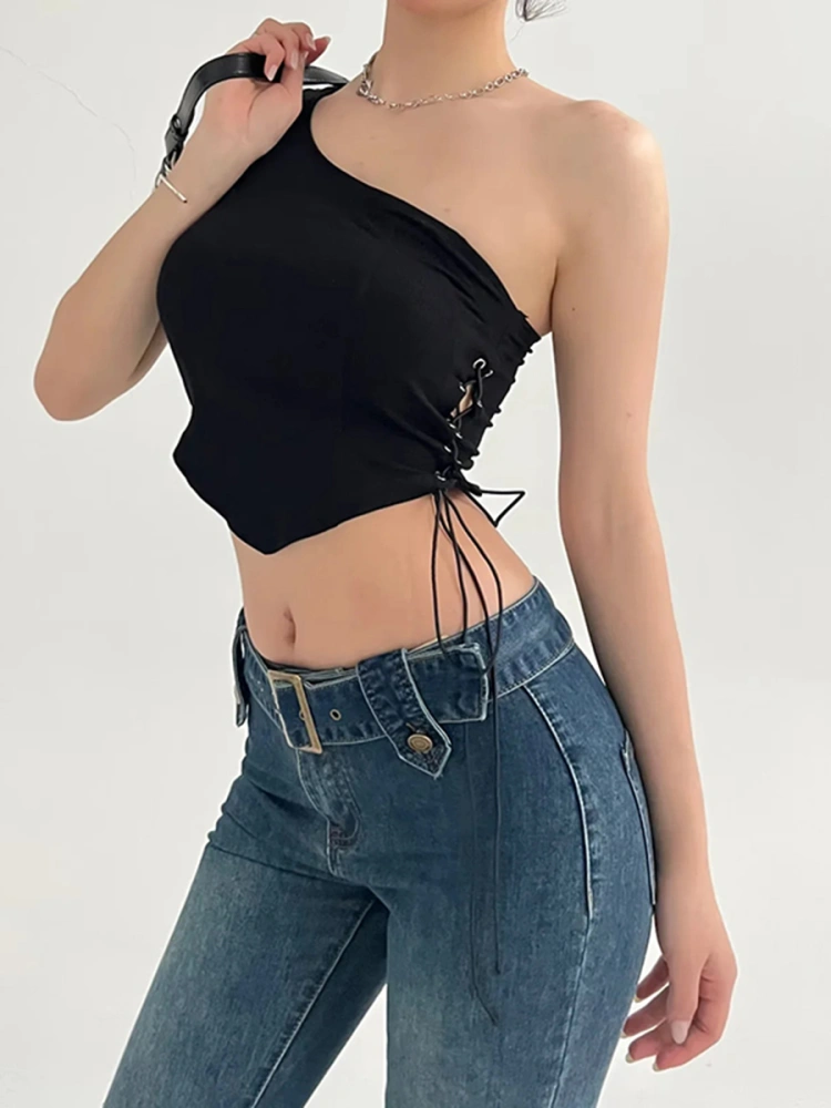 Women's One Shoulder Tank Tops, Sleeveless Side Tie-up Asymmetric Tops