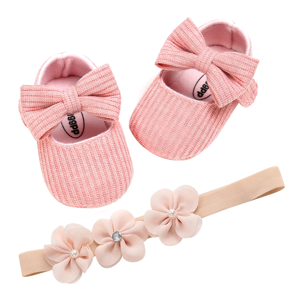 Toddler Girls Crib Shoes,Baby Bowknot Prewalker Dress Footwear+Flower Headband