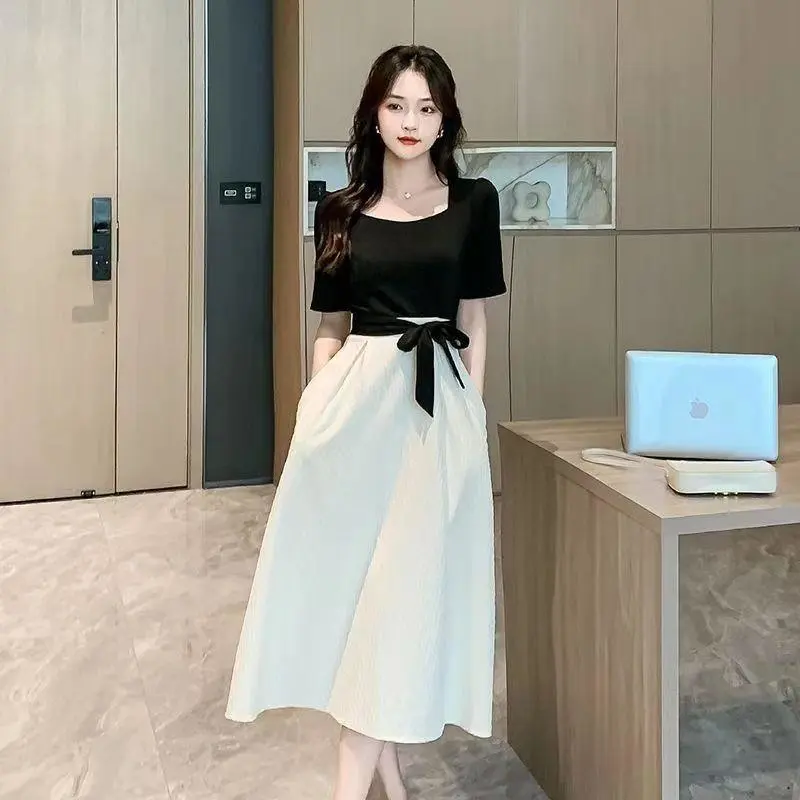 Square-neck Cinched Slimming Patchwork Niche Long Skirt