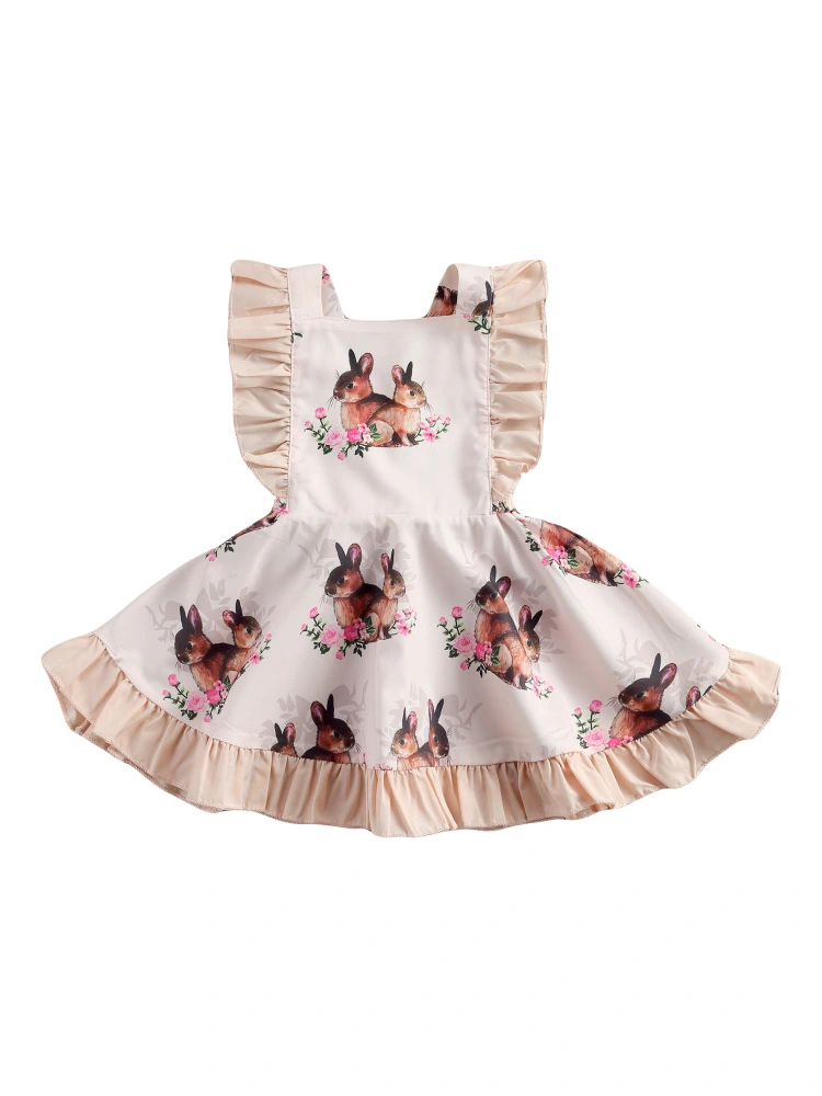 Girls Floral Print Square Collar Fly Sleeve Dress/ Baby Romper with Headwear