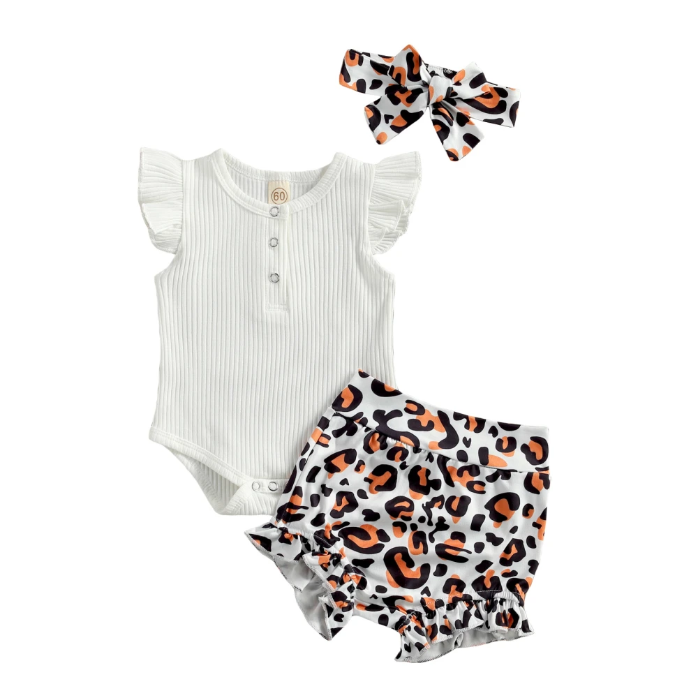 Baby's Three-piece Suit, Ribbed Romper + Print Shorts + Headwear