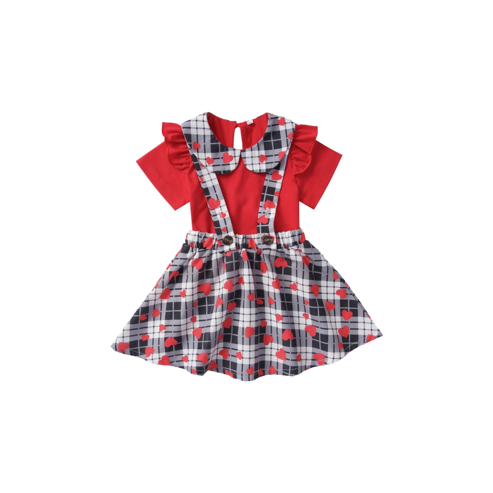 Baby Girl's Two-piece Suit, Heart Print Round Neck Tops + Plaid Suspender Skirt