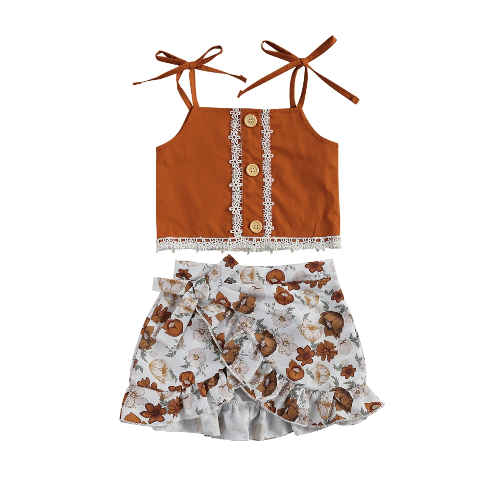 Kids Lace Sleeveless Strappy Tops+ Floral Print High Waist Skirt