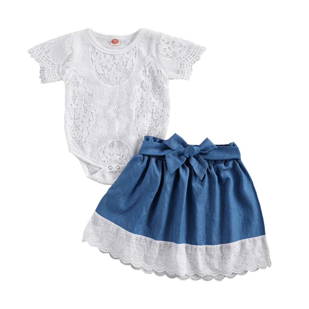 Baby Girl Summer Outfits Short Sleeve Floral Lace Bodysuit + Denim Skirt