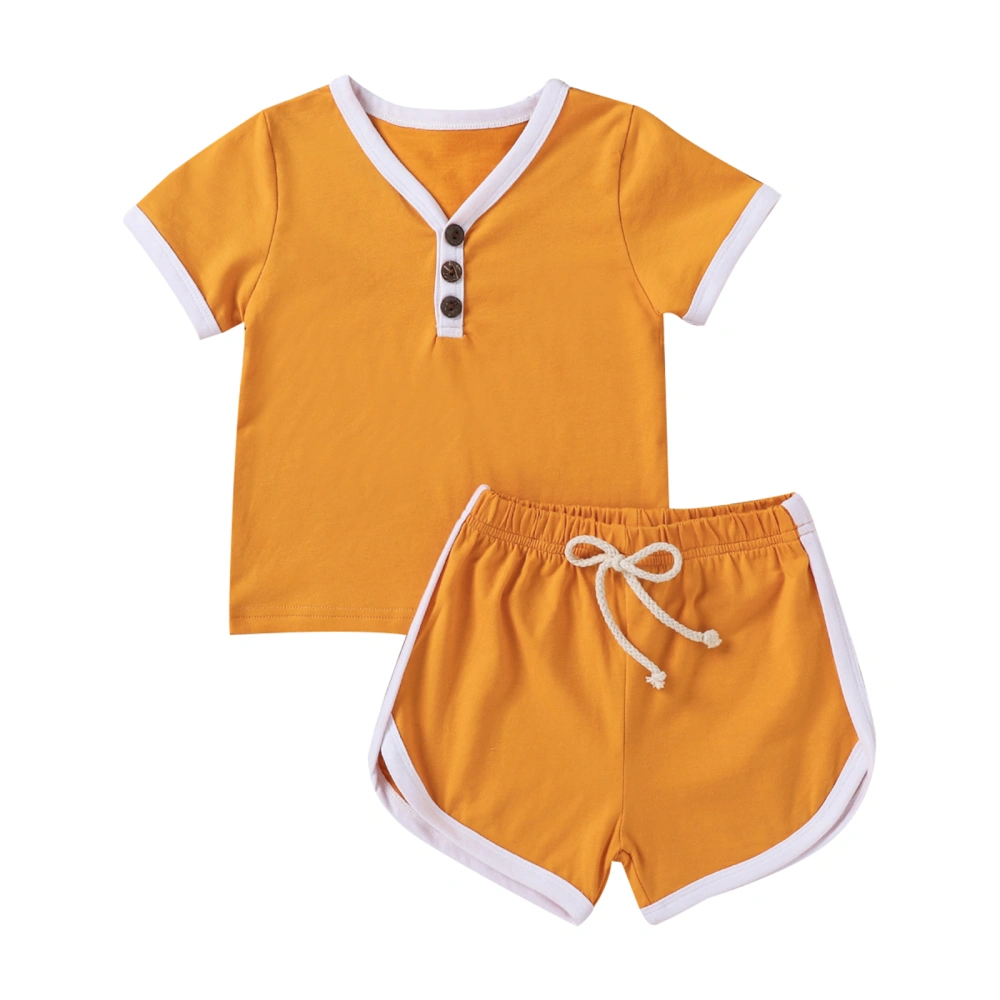 Children’s Solid Color Button Short Sleeve Tops and Bandage Shorts Set