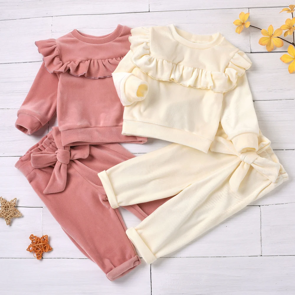 Little Girl Round Neck Ruffle Trim Top Elastic Waist Bowknot Pant Clothes