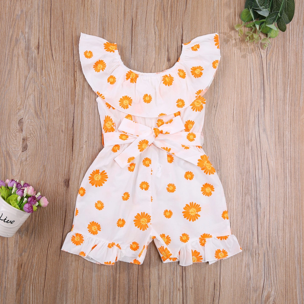 Girl’s Summer Fresh Daisy Printed Ruffles Bandage Short Jumpsuit