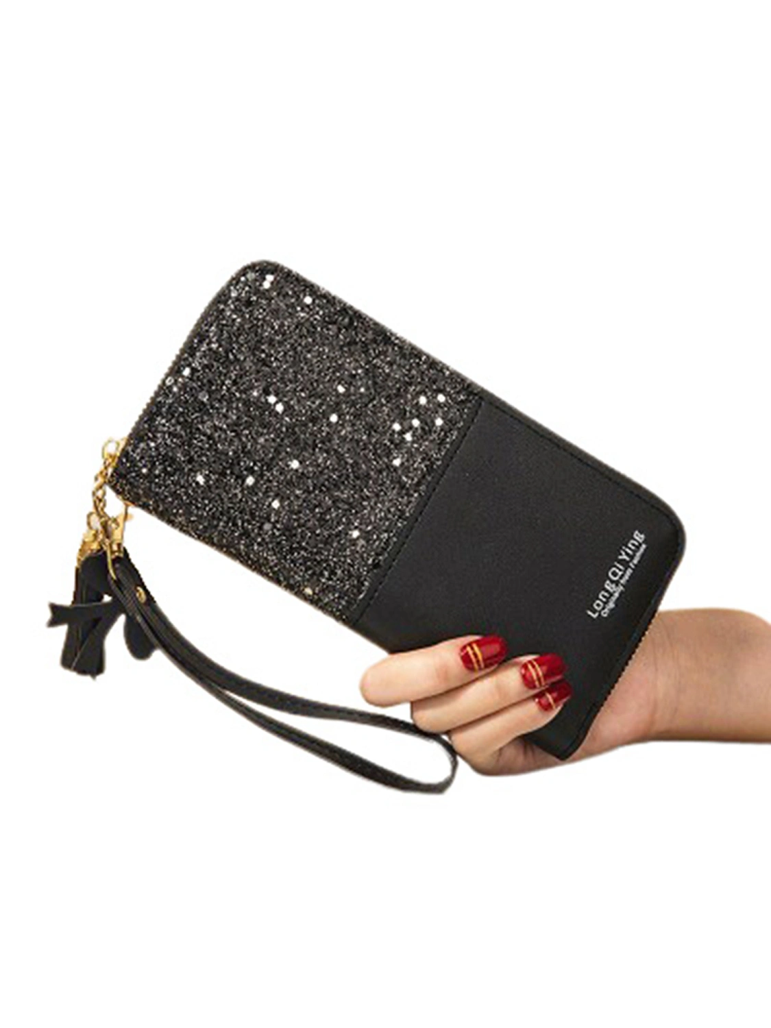 Women's Tassel Sequin Wallet, Patchwork Contrast Color Zipper Long Bag