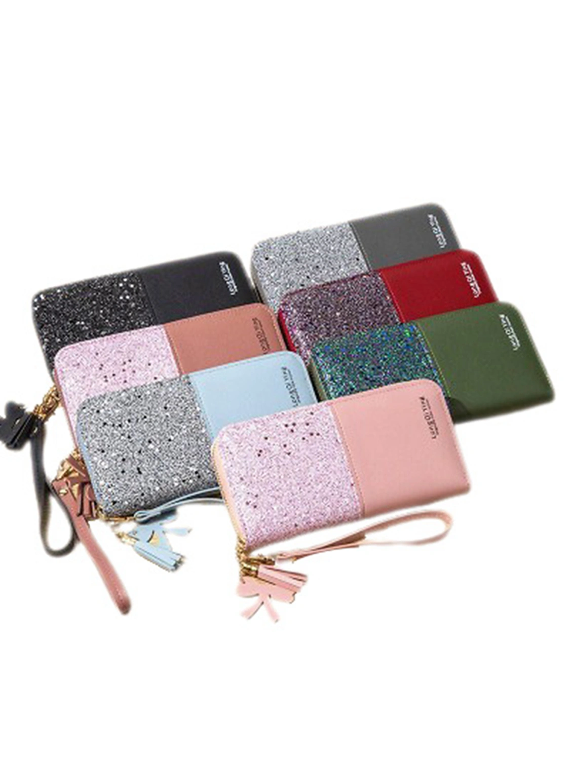 Women's Tassel Sequin Wallet, Patchwork Contrast Color Zipper Long Bag