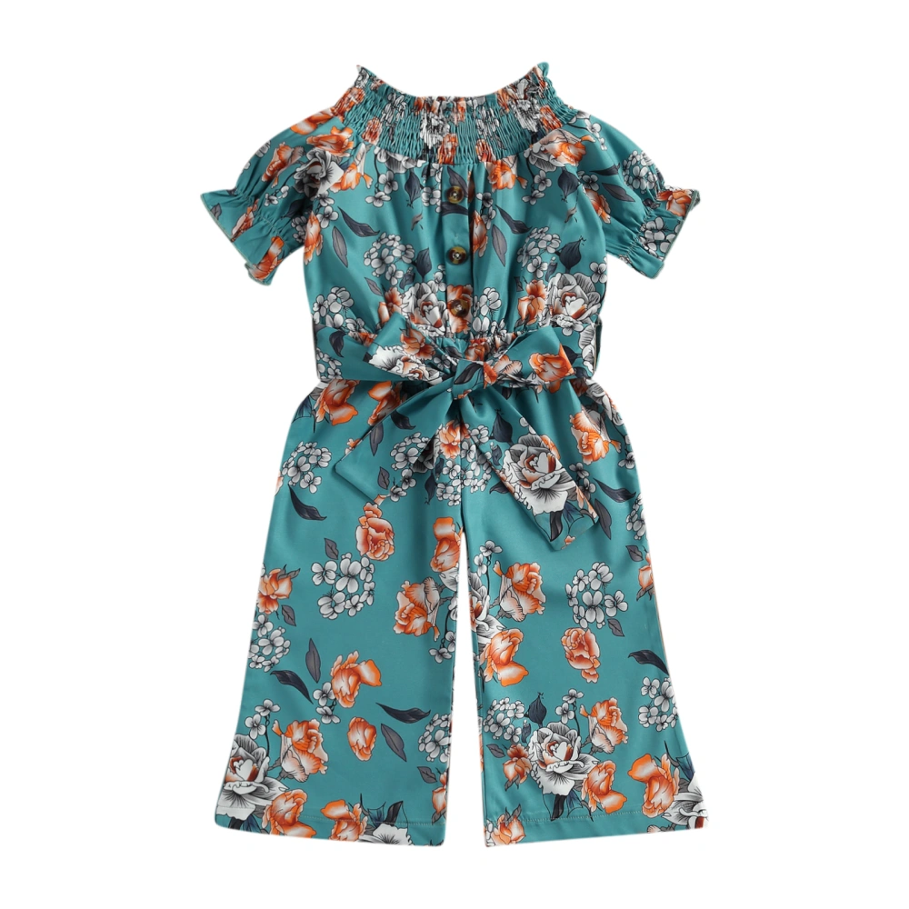 Baby Short Sleeve Jumpsuit with Bow Belt, Design Flower Print