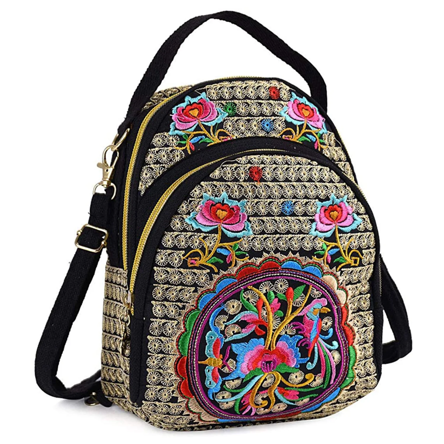 Embroidered Flower Zipper Travel Shoulder Bag Daypack for Women