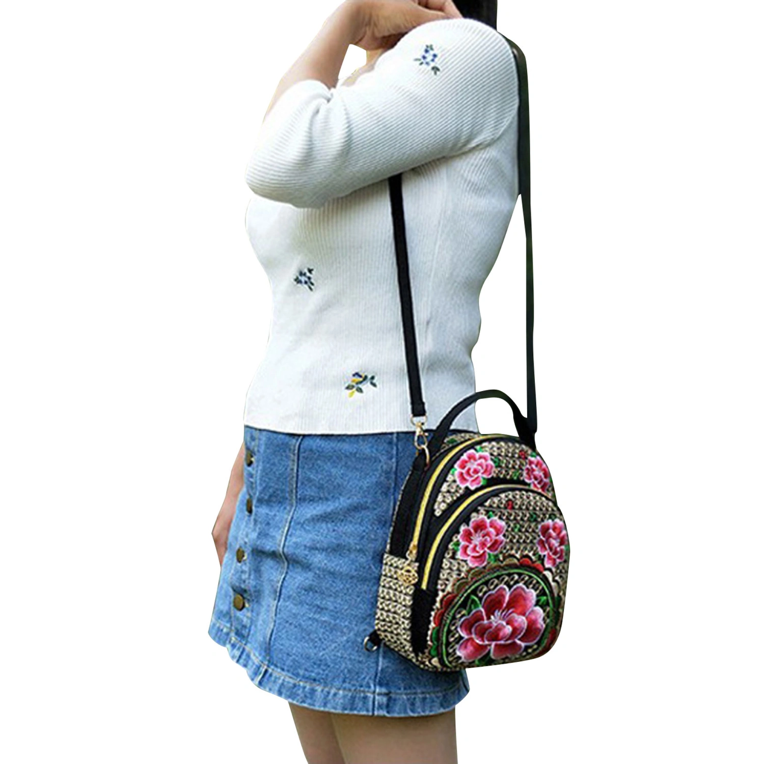 Embroidered Flower Zipper Travel Shoulder Bag Daypack for Women