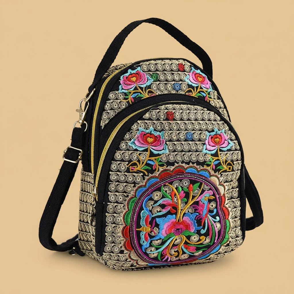 Embroidered Flower Zipper Travel Shoulder Bag Daypack for Women